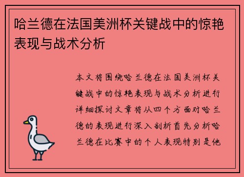 哈兰德在法国美洲杯关键战中的惊艳表现与战术分析
