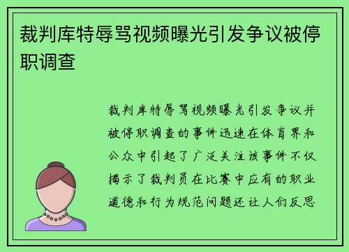 裁判库特辱骂视频曝光引发争议被停职调查