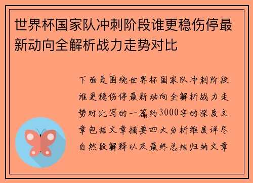 世界杯国家队冲刺阶段谁更稳伤停最新动向全解析战力走势对比 世界杯国家队冲刺阶段谁更稳伤停最新动向全解析战力走势对比