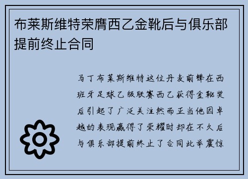 布莱斯维特荣膺西乙金靴后与俱乐部提前终止合同